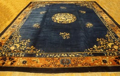 1900s Blue Brown Scenic Medallion Chinese Peking Rug 12'4'' x 14'9'' Wool Carpet