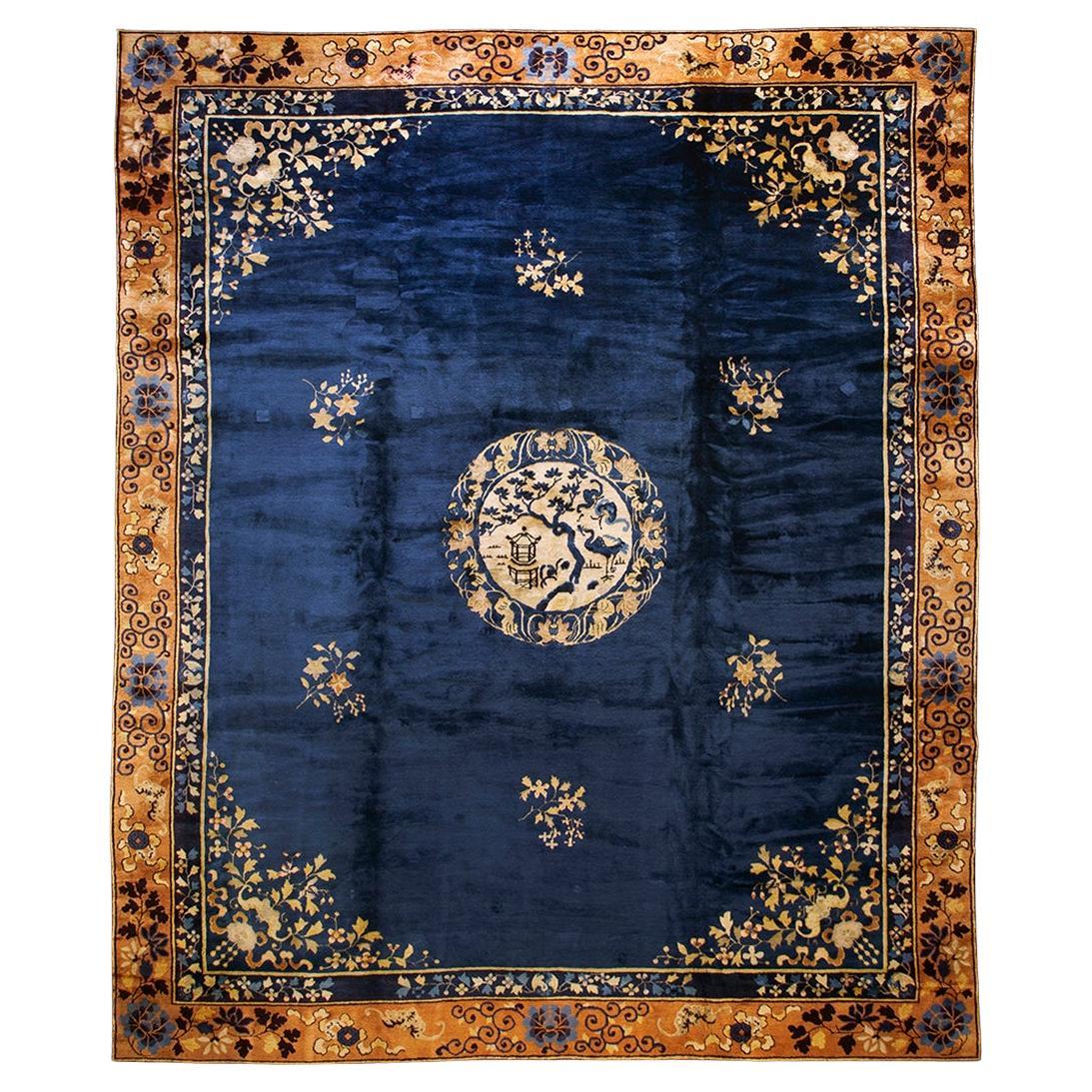 1900s Blue Brown Scenic Medallion Chinese Peking Rug 12
4

 x 14
9

 Wool Carpet