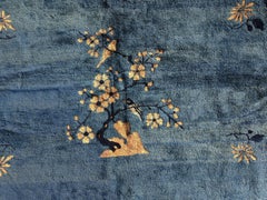 1900s Blue Floral Modernist Wide Gallery Antique Chinese Qing Peking Rug Carpet
