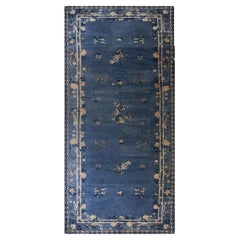 1900s Blue Floral Modernist Wide Gallery Antique Chinese Qing Peking Rug Carpet