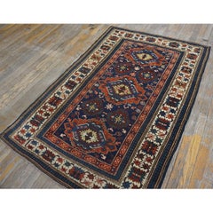 1900s Blue Navy Antique Tribal Geometric Crab Design Border Caucasian Kuba Rug