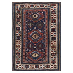 1900s Blue Navy Antique Tribal Geometric Crab Design Border Caucasian Kuba Rug