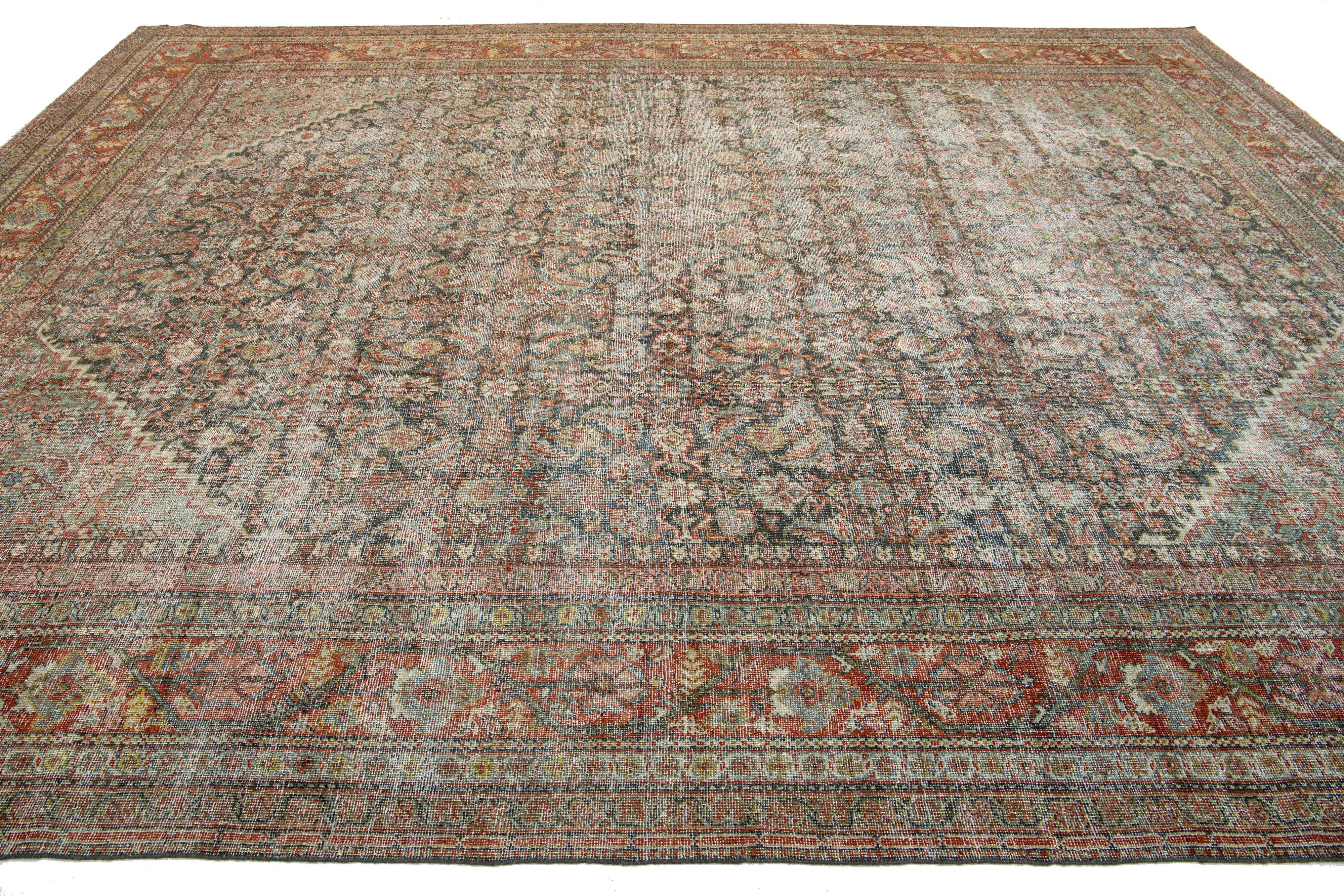 1900s Blue Persian Mahal Wool Rug Handmade With Allover Floral Motif In Distressed Condition For Sale In Norwalk, CT