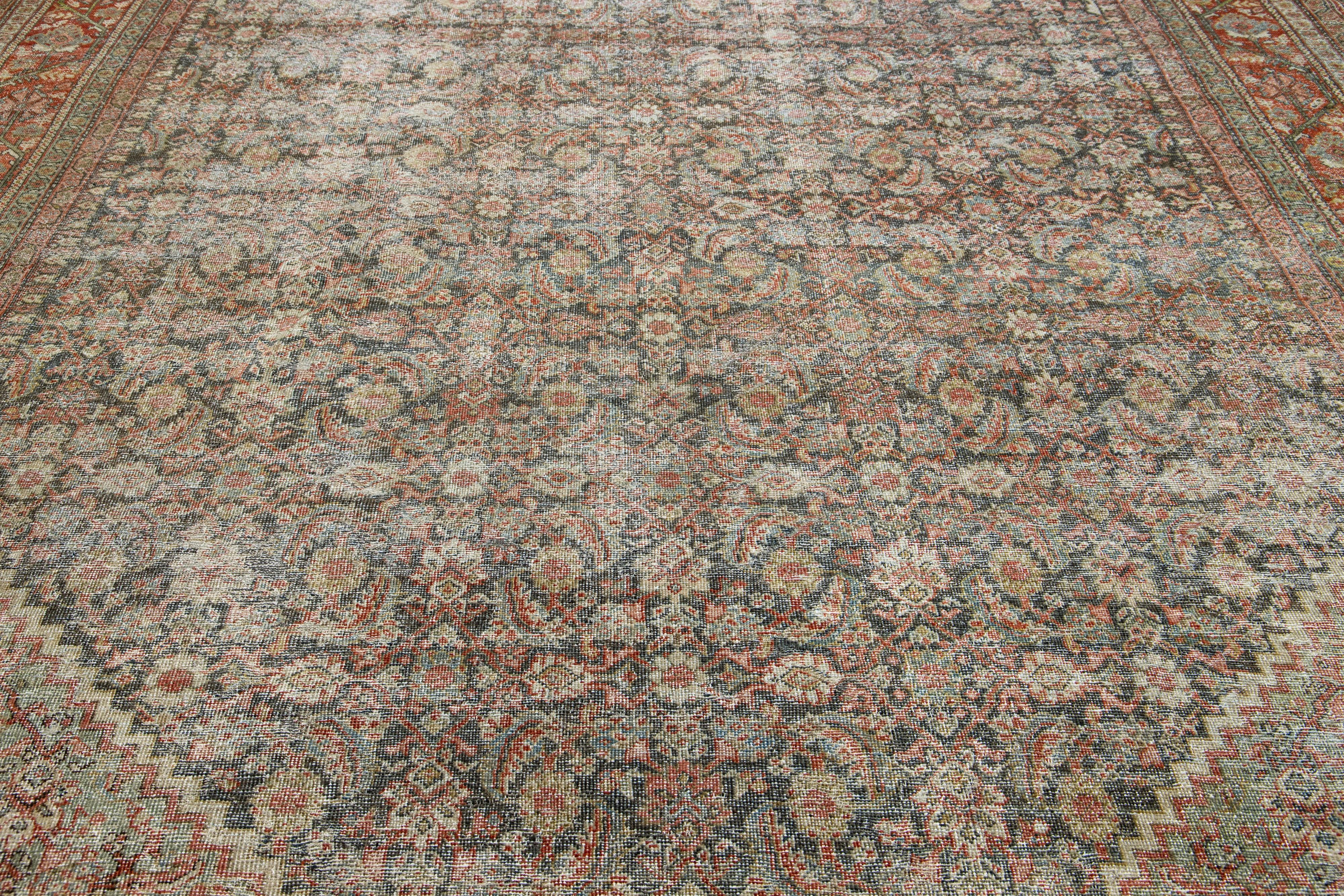 1900s Blue Persian Mahal Wool Rug Handmade With Allover Floral Motif For Sale 1