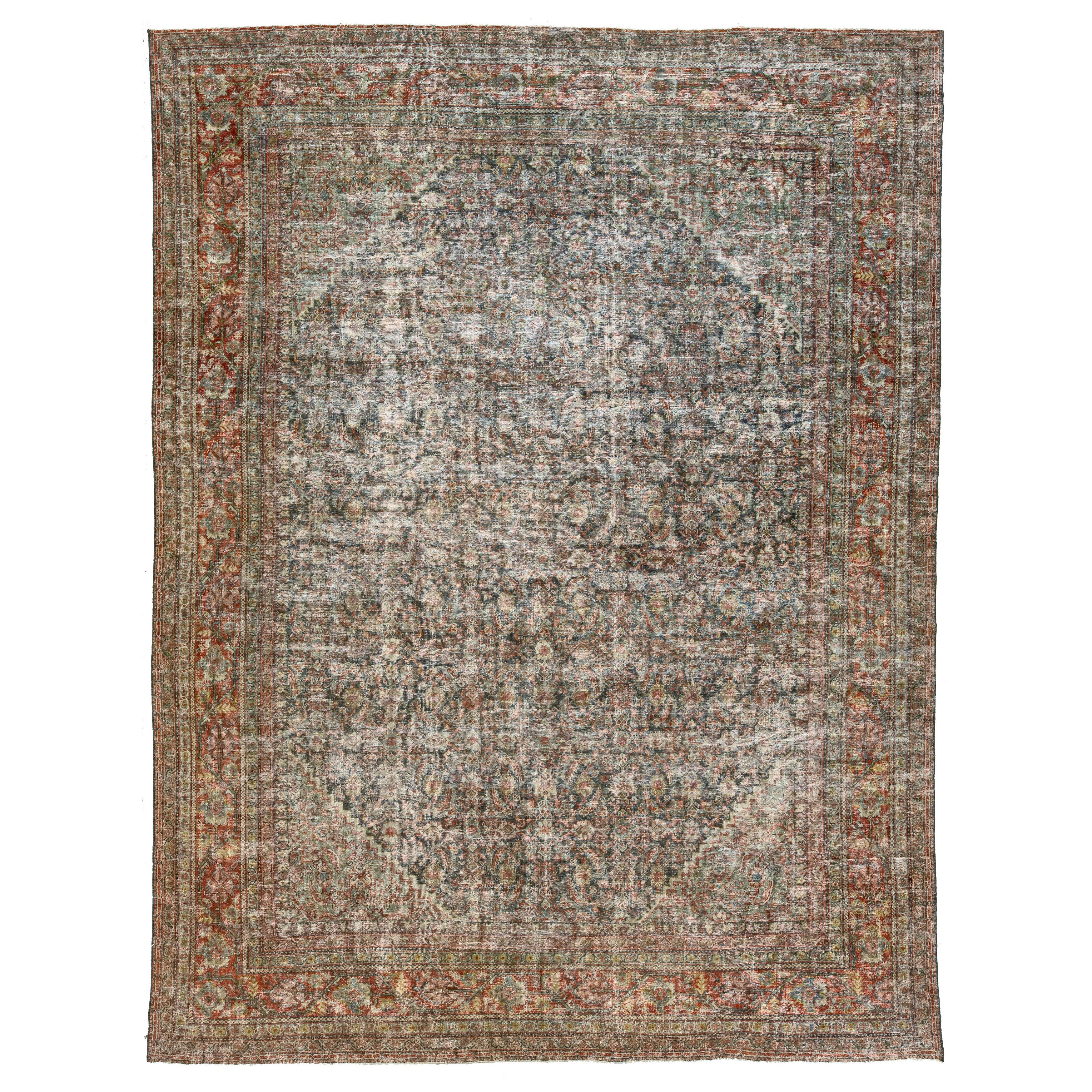 1900s Blau Persisch Mahal Wolle Teppich Handgefertigt mit Allover Blumenmotiv