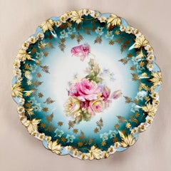 1900s Bohemia Porcelain Teal Blue Gilded Rose Plate