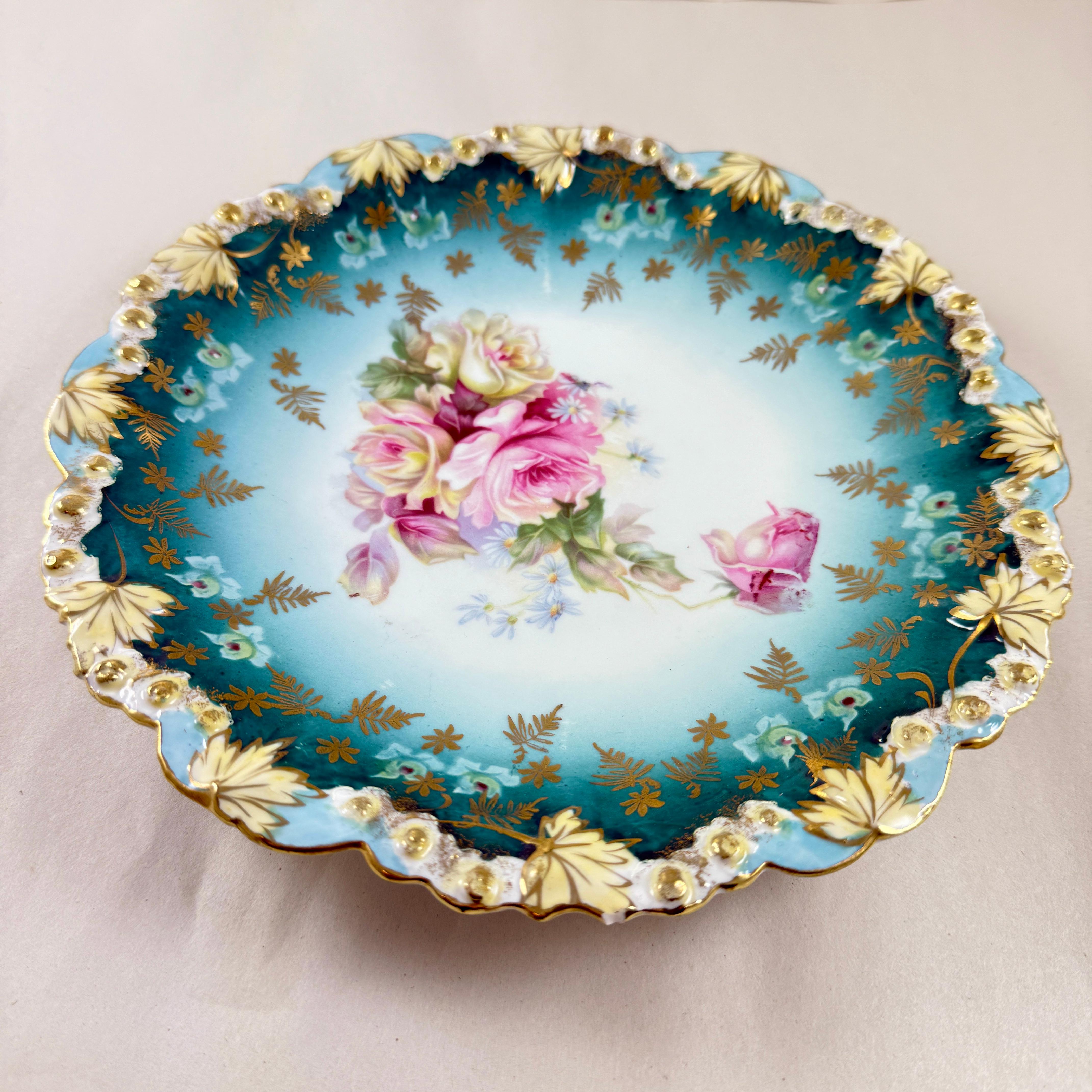 1900 Bohemia Porzellan Teal Blau Vergoldete Rose Teller im Zustand „Gut“ im Angebot in Philadelphia, PA