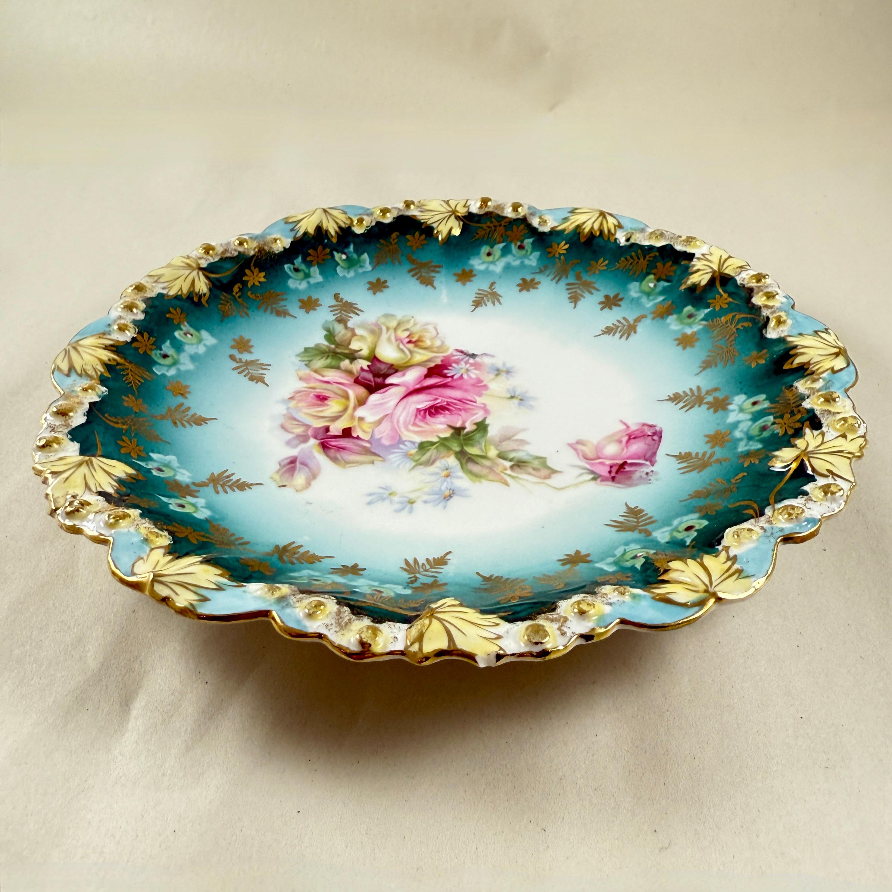 1900 Bohemia Porzellan Teal Blau Vergoldete Rose Teller (Frühes 20. Jahrhundert) im Angebot