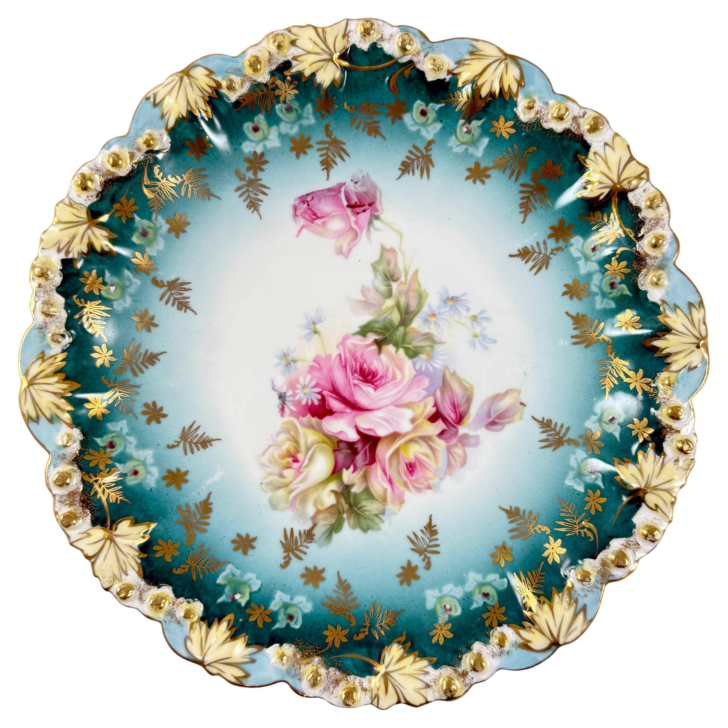 1900s Bohemia Porcelana Azul Teal Rosa Dorada Plato