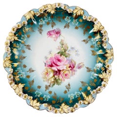 1900s Bohemia Porcelana Azul Teal Rosa Dorada Plato