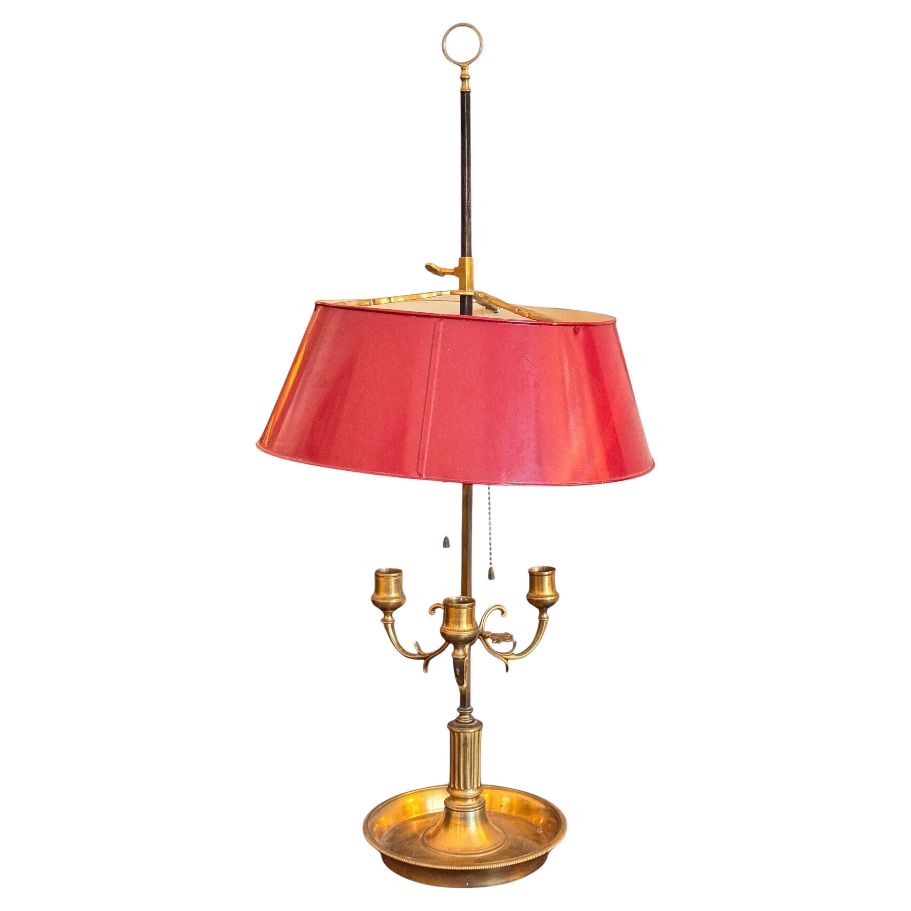 1900s Brass Bouillotte Lamp With Adjustable Red Tole Shade