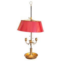 1900s Brass Bouillotte Lamp With Adjustable Red Tole Shade