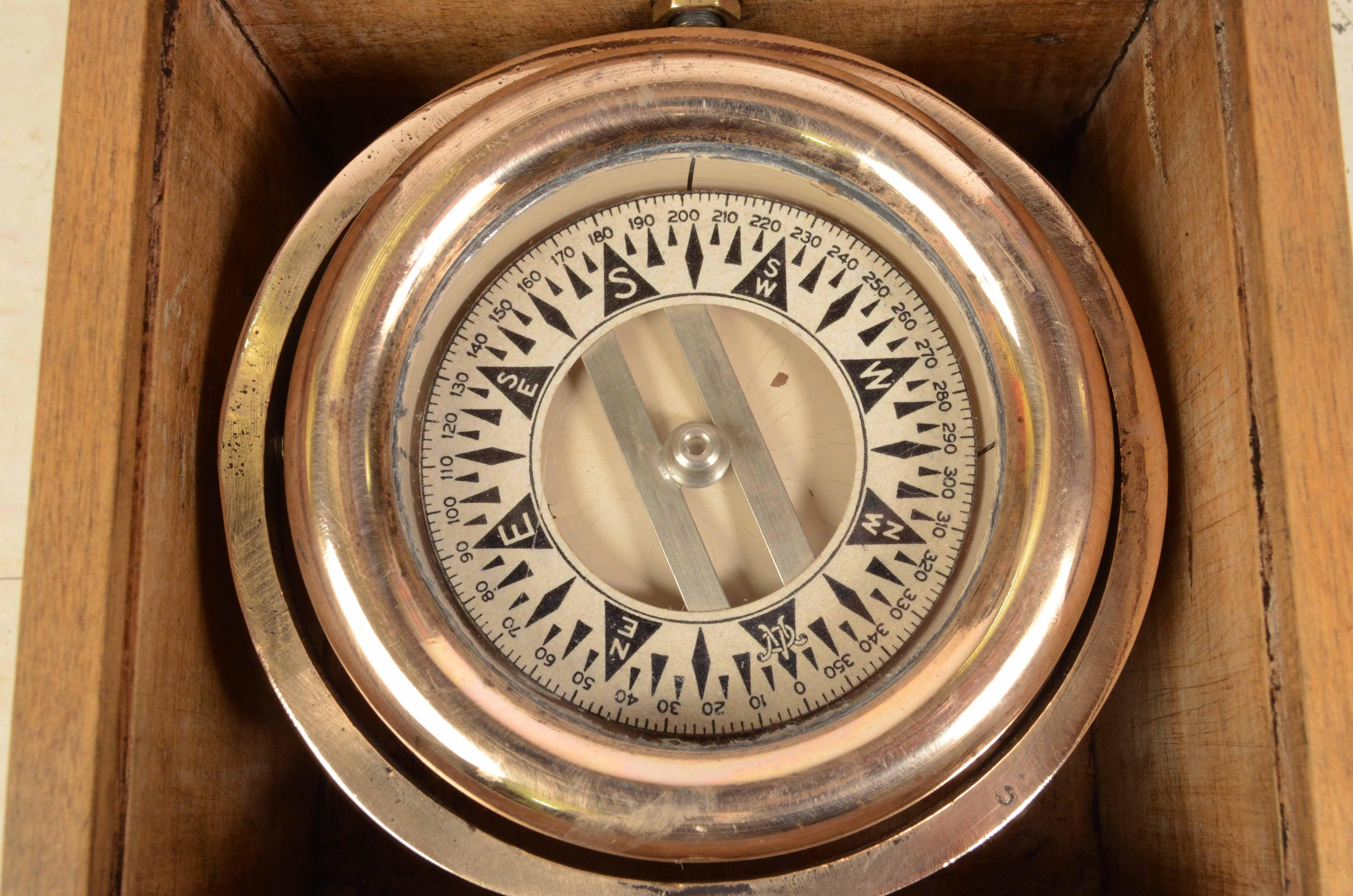 Early 20th Century 1900s Brass Magnetic Nautical Compass Antique Marine Navigation Instrument