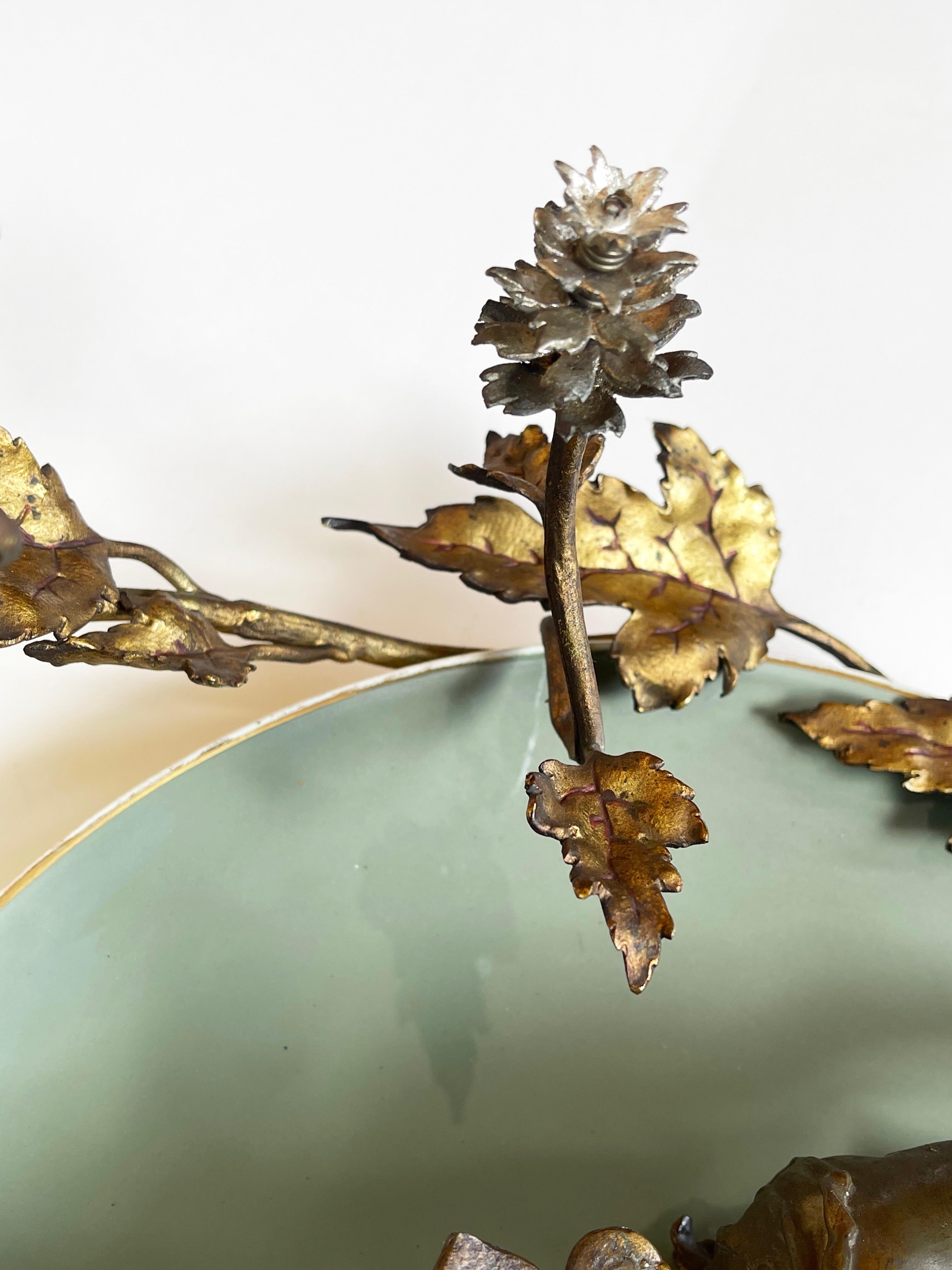 1900s Bronze Cherub on Ceramic Plate & Sunburst Gilt Metal Floral Decor, Belgium For Sale 3