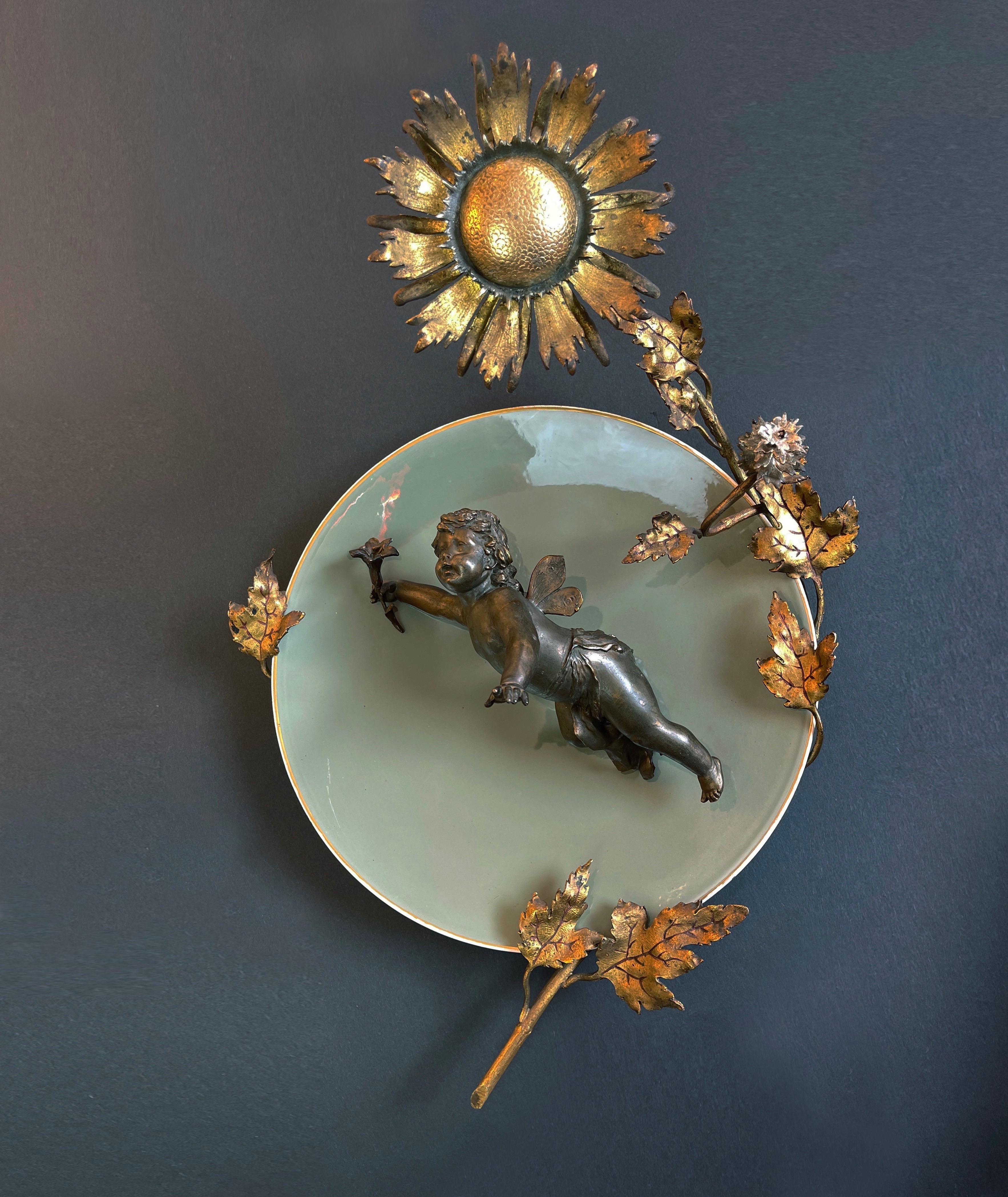 Hand-Crafted 1900s Bronze Cherub on Ceramic Plate & Sunburst Gilt Metal Floral Decor, Belgium For Sale