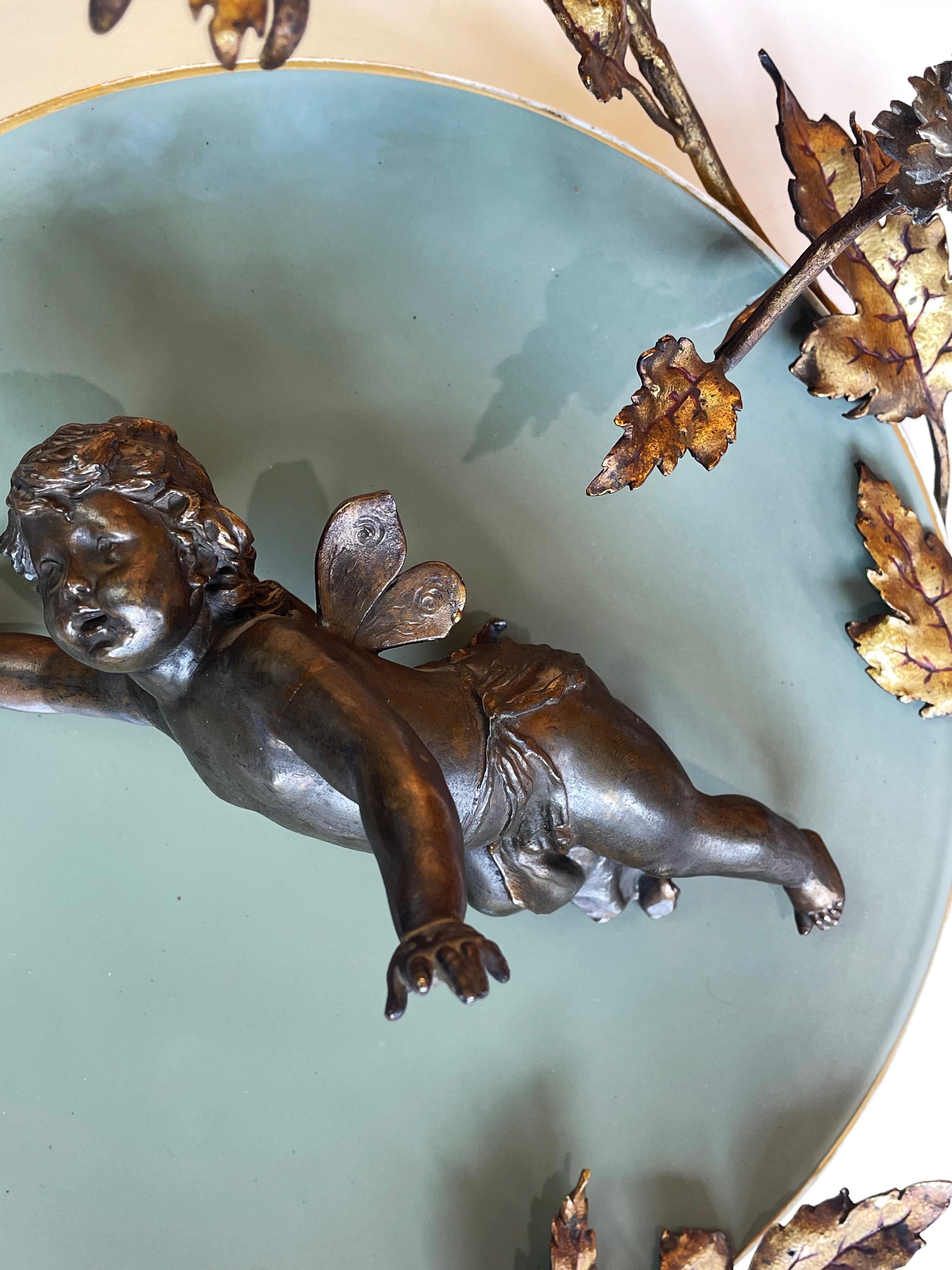 Early 20th Century 1900s Bronze Cherub on Ceramic Plate & Sunburst Gilt Metal Floral Decor, Belgium For Sale