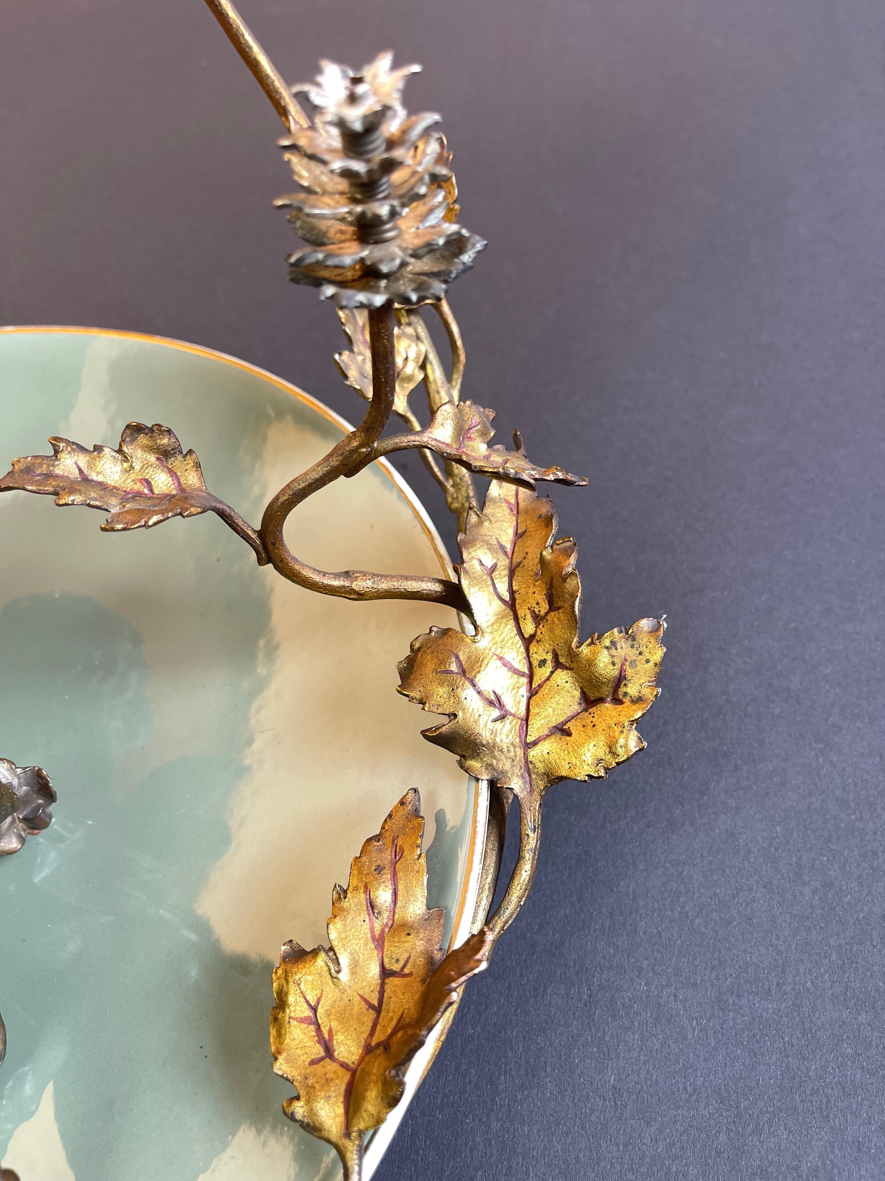 1900s Bronze Cherub on Ceramic Plate & Sunburst Gilt Metal Floral Decor, Belgium For Sale 2
