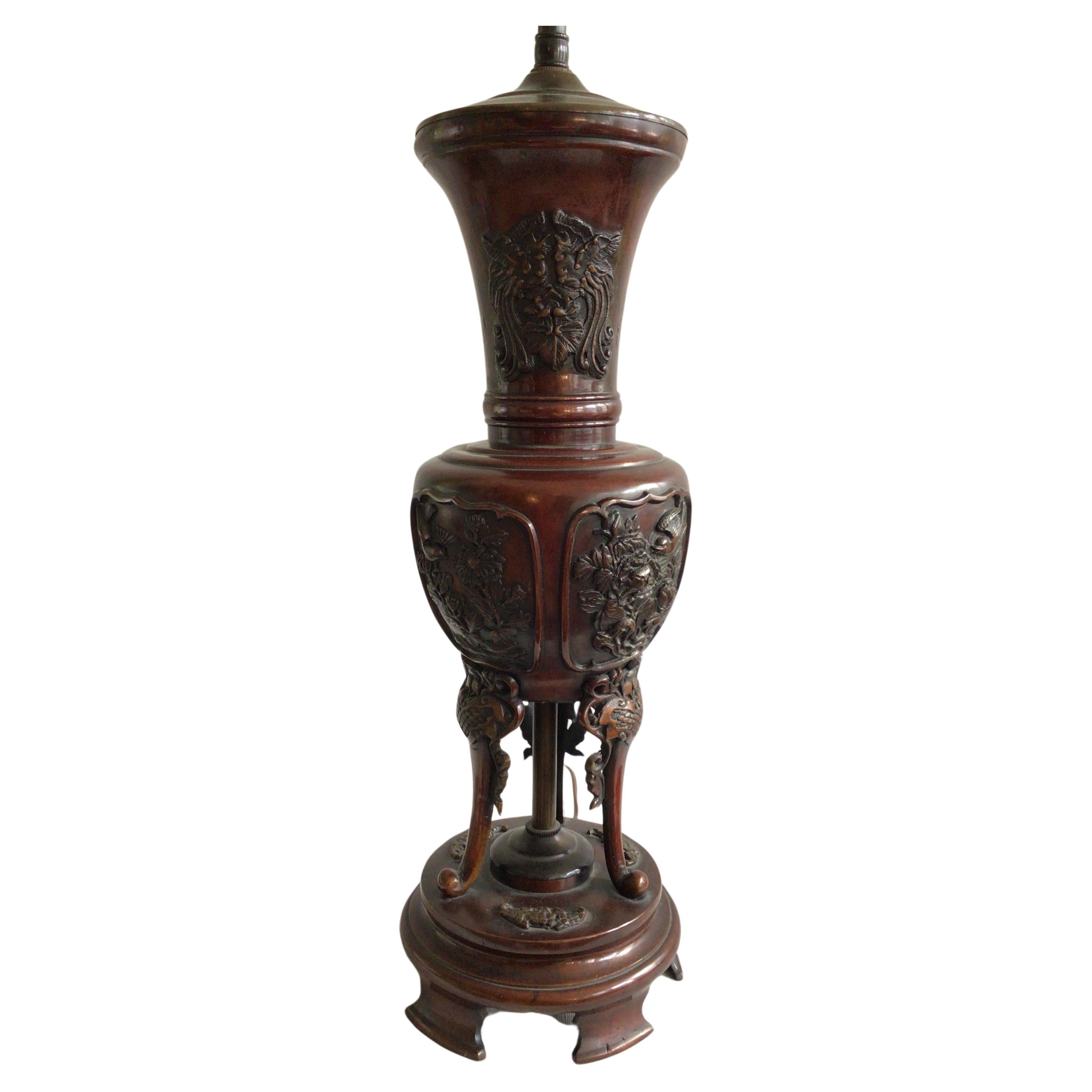 1900s Bronze Chinese Table Lamp with Embossed Bird and Floral Motifs