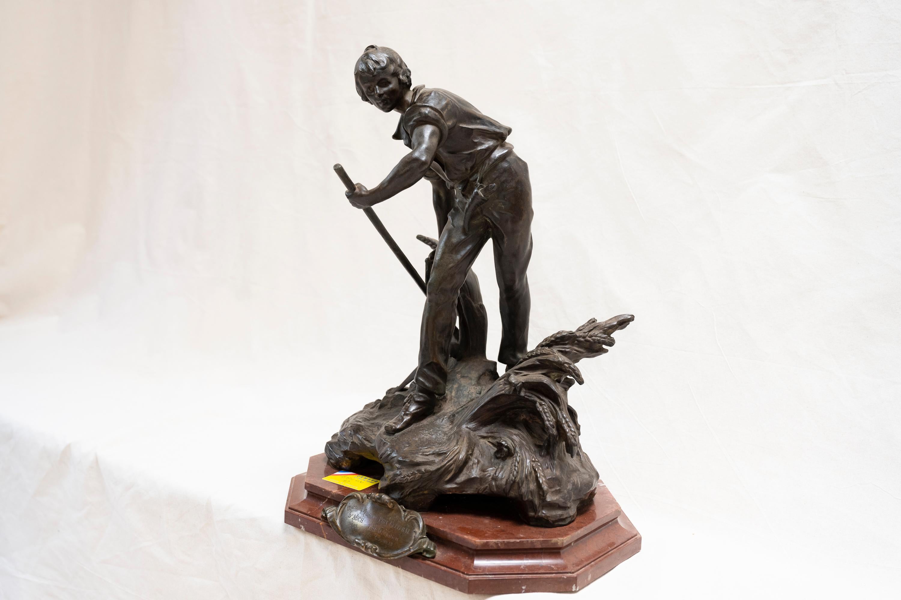 1900s Figurate Art Nouveau bronze sculpture by Louis Auguste Moreau (c. 1903). Commissioned for the Concours Régional d’Auch—and awarded to Julien Truau—the statue was valued at 500 francs, or €2000 today, and came with an additional 1000 francs in