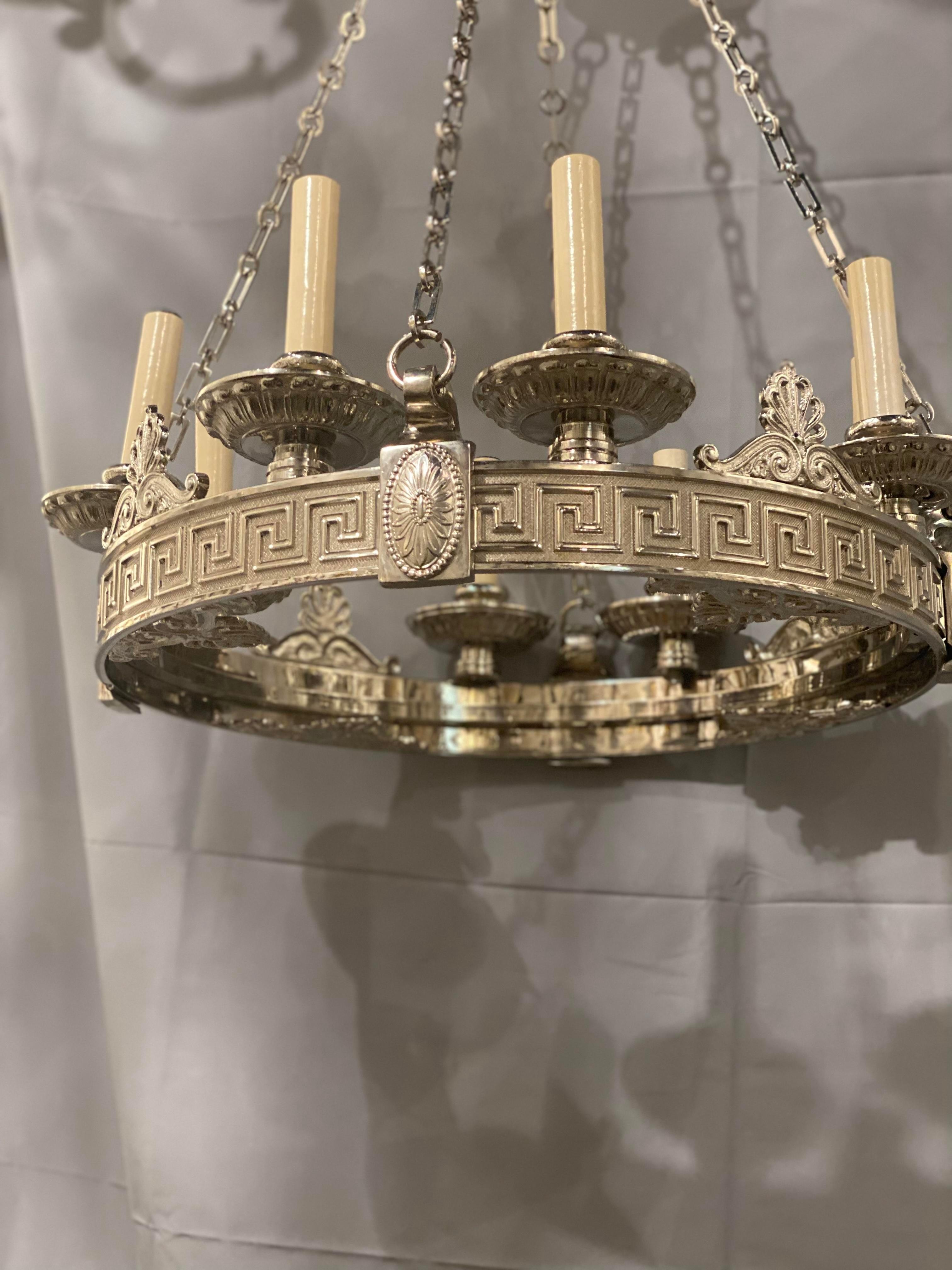 Plated 1900's Caldwell 8 Lights Chandelier with Greek key  For Sale
