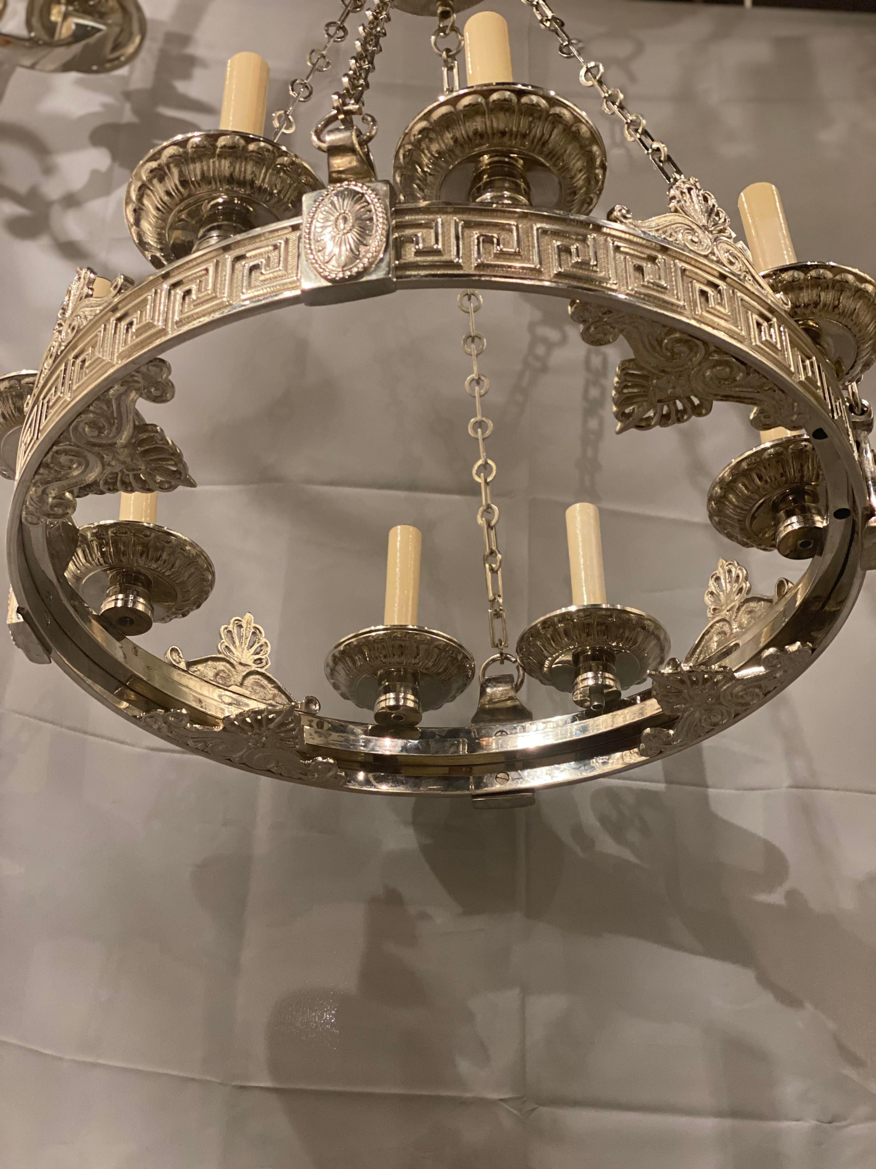 1900's Caldwell 8 Lights Chandelier with Greek key  In Good Condition For Sale In New York, NY