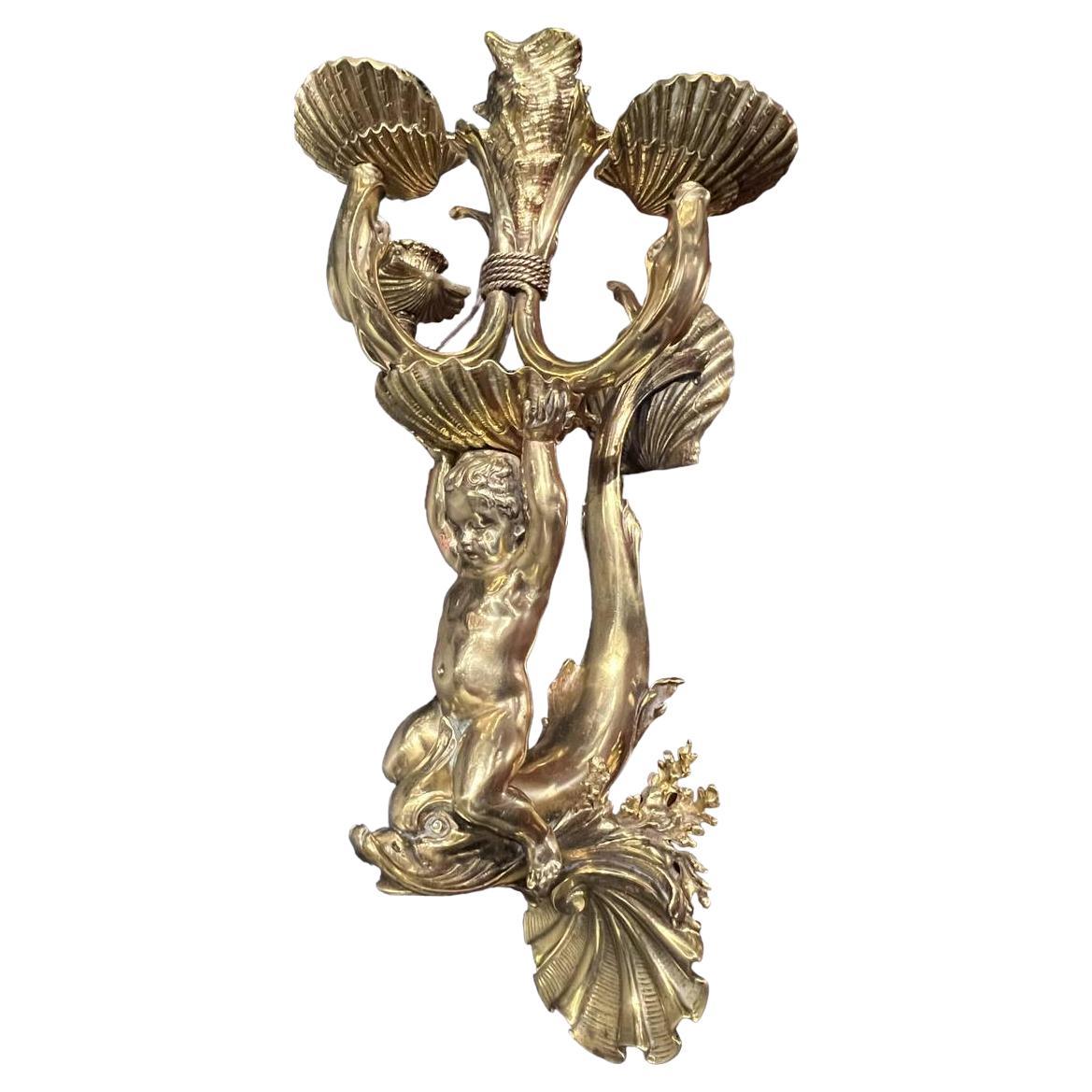 1900's Caldwell Bronze Cherub and Dolphins Single Sconce with 4 lights