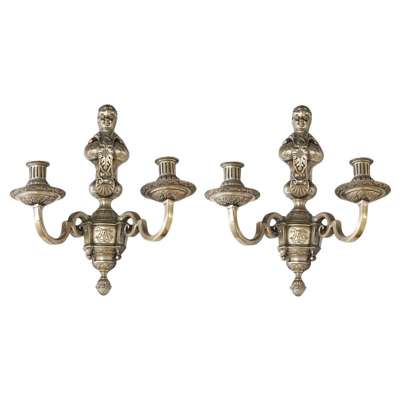 1900's Caldwell Silver Plated Cherub Sconces For Sale