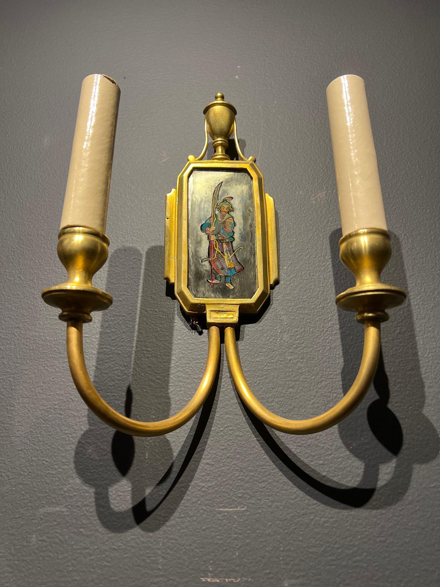 A pair of circa 1900's small gilt bronze Caldwell sconces with mirrored backplate and hand painted chinoiserie design