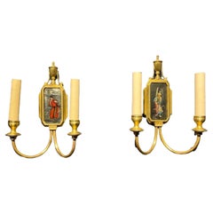 1900's Caldwell chinoiserie sconces with hand pianting on mirrors