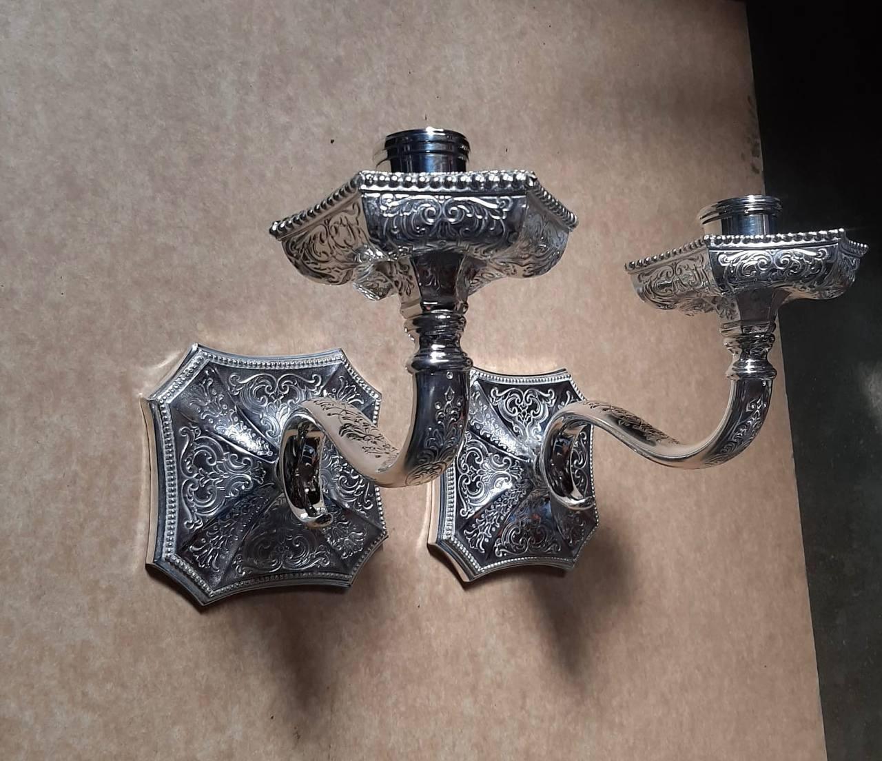 American 1900's Caldwell Engraved Silver Plated One Light Sconces For Sale