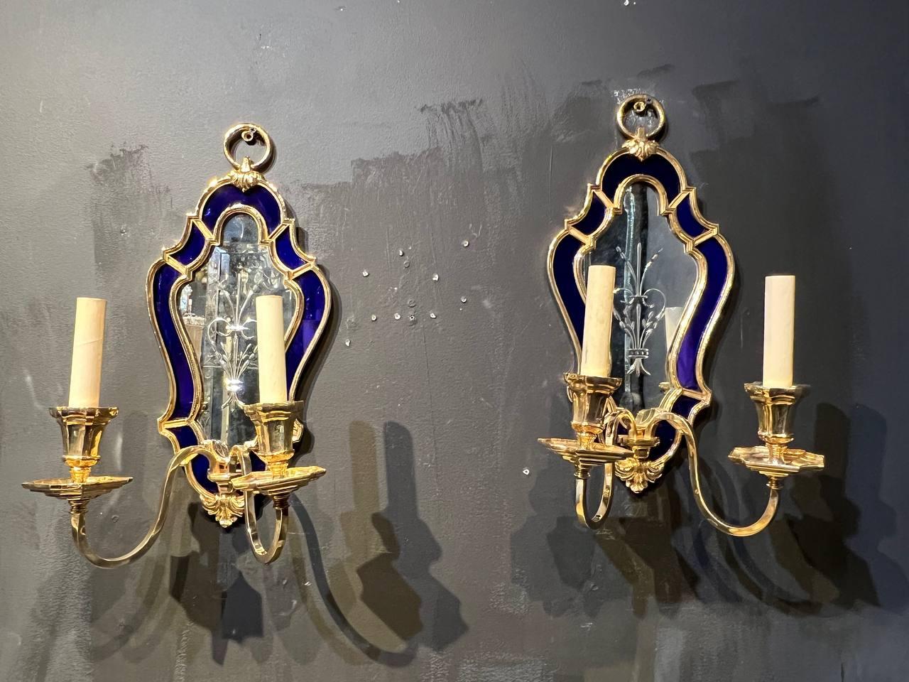 Pair of circa 1900's Caldwell gilt bronze 2 lights sconces with etched mirror and blue cobalt glass