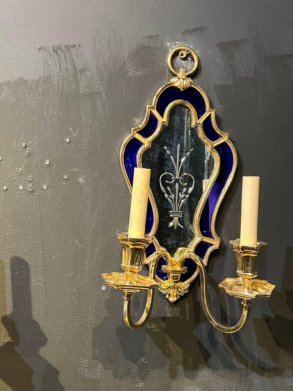 1900's Caldwell Etched Mirror and Blue Cobalt Sconces In Good Condition For Sale In New York, NY
