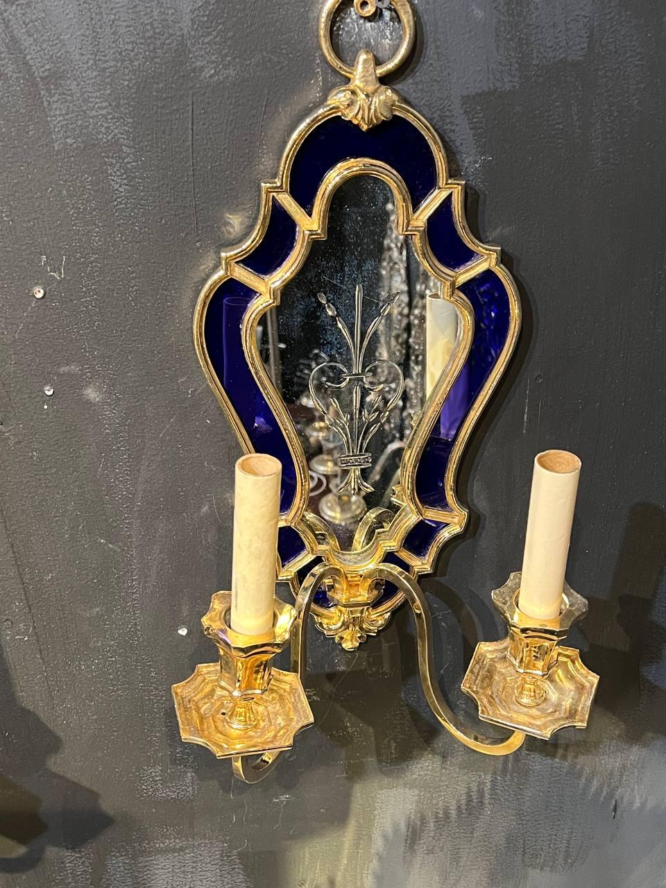 Early 20th Century 1900's Caldwell Etched Mirror and Blue Cobalt Sconces For Sale