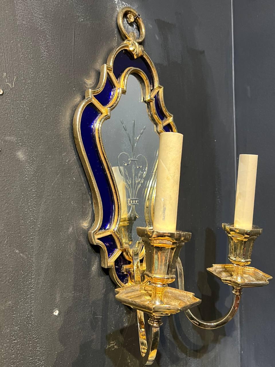 1900's Caldwell Etched Mirror and Blue Cobalt Sconces For Sale 2