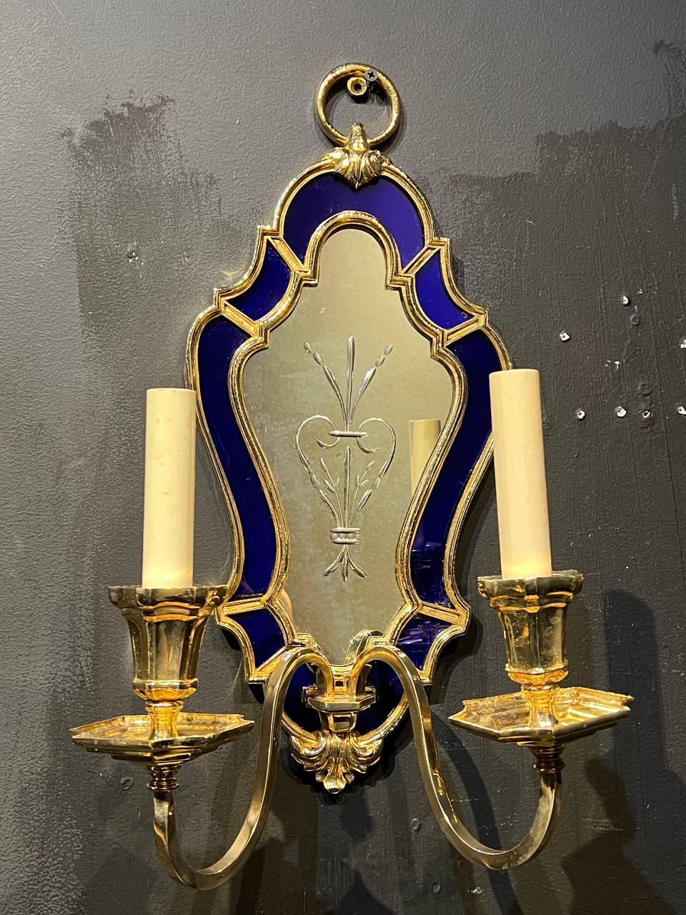 1900's Caldwell Etched Mirror and Blue Cobalt Sconces For Sale 3