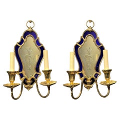 1900's Caldwell Etched Mirror and Blue Cobalt Sconces
