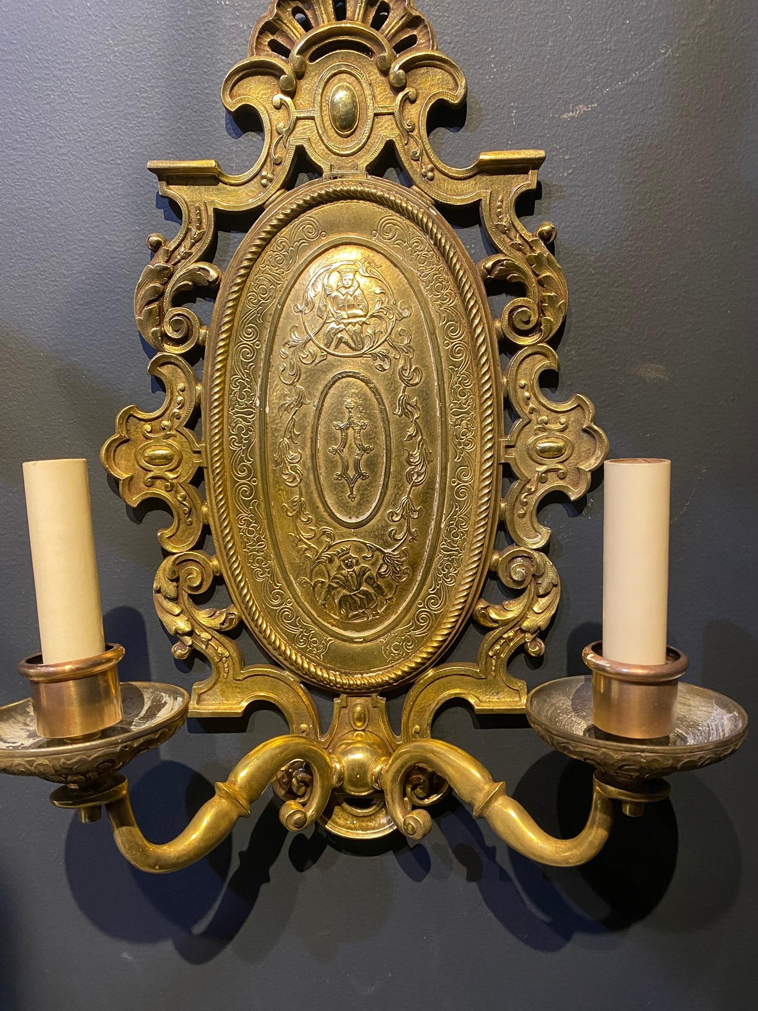 1900’s Caldwell Gilt Bronze Engraved Sconces In Good Condition For Sale In New York, NY