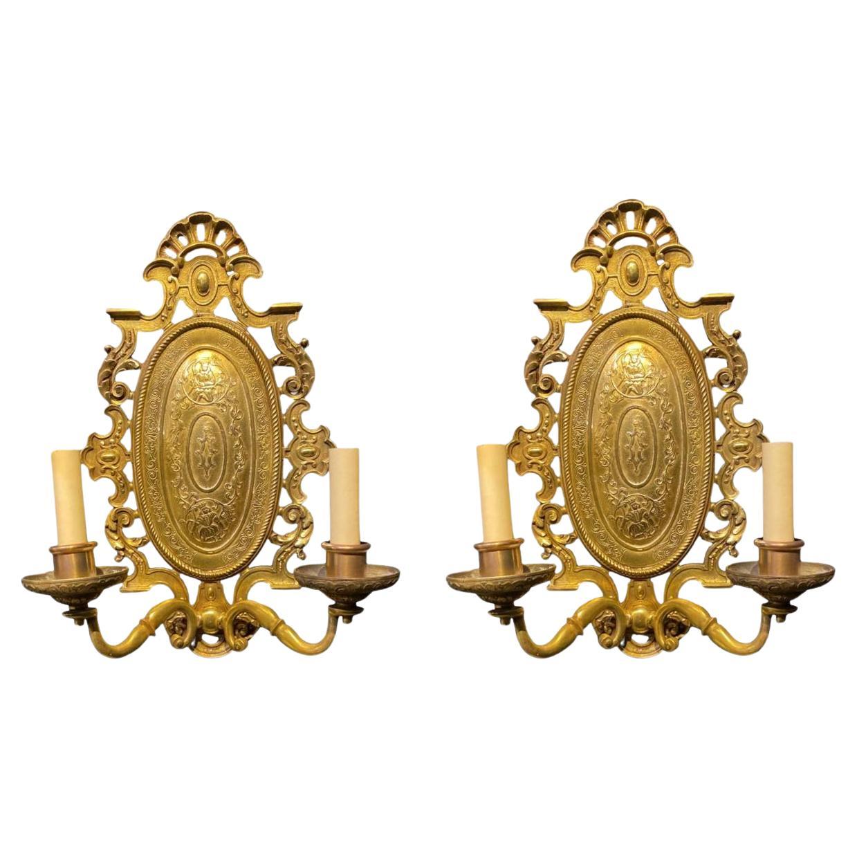 1900’s Caldwell Gilt Bronze Engraved Sconces For Sale