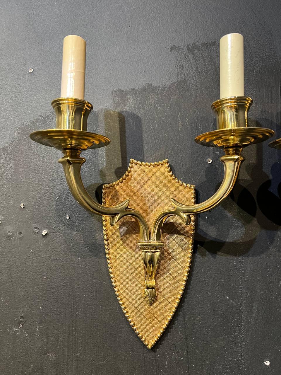 Pair of circa 1900's Caldwell gilt bronze engraved sconces with 2 lights