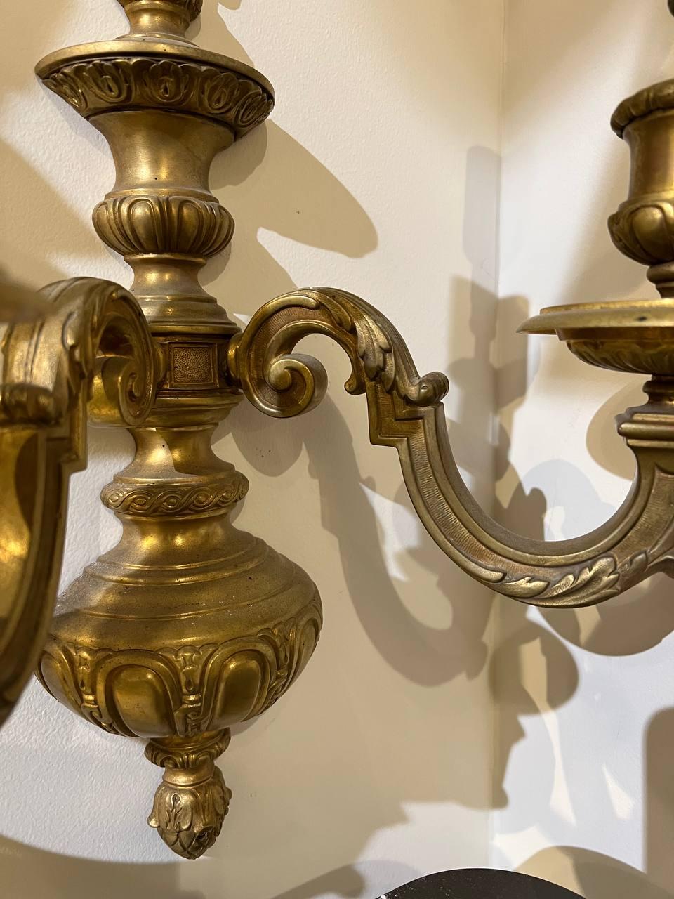 A pair of circa 1900's Caldwell gilt bronze sconces with double lights 