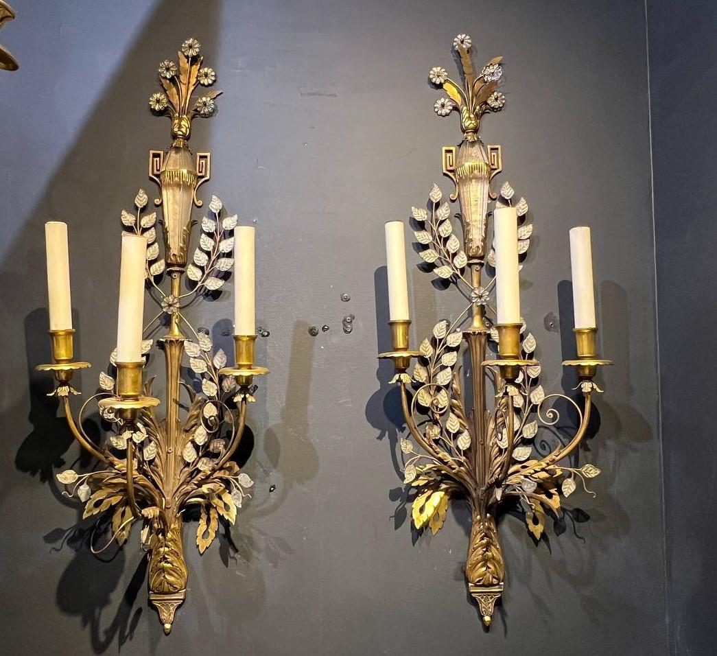 American Classical 1900's Caldwell Large Bronze 3 Lights Sconces with Crystal Leaves and Urn For Sale