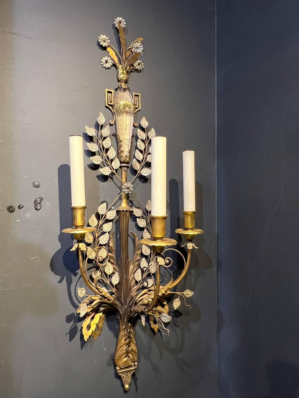 American 1900's Caldwell Large Bronze 3 Lights Sconces with Crystal Leaves and Urn For Sale