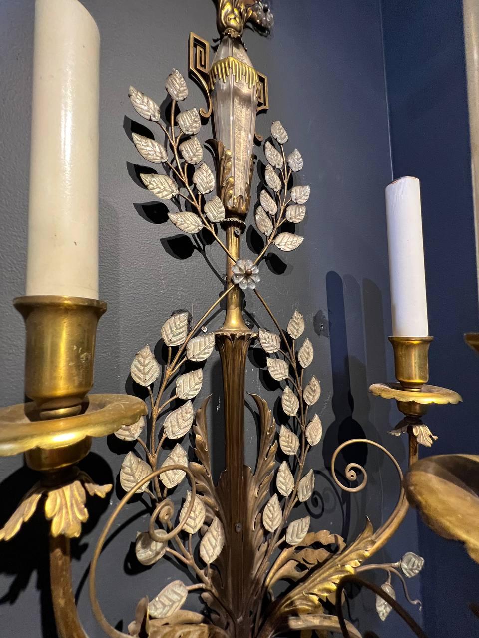 1900's Caldwell Large Bronze 3 Lights Sconces with Crystal Leaves and Urn For Sale 1