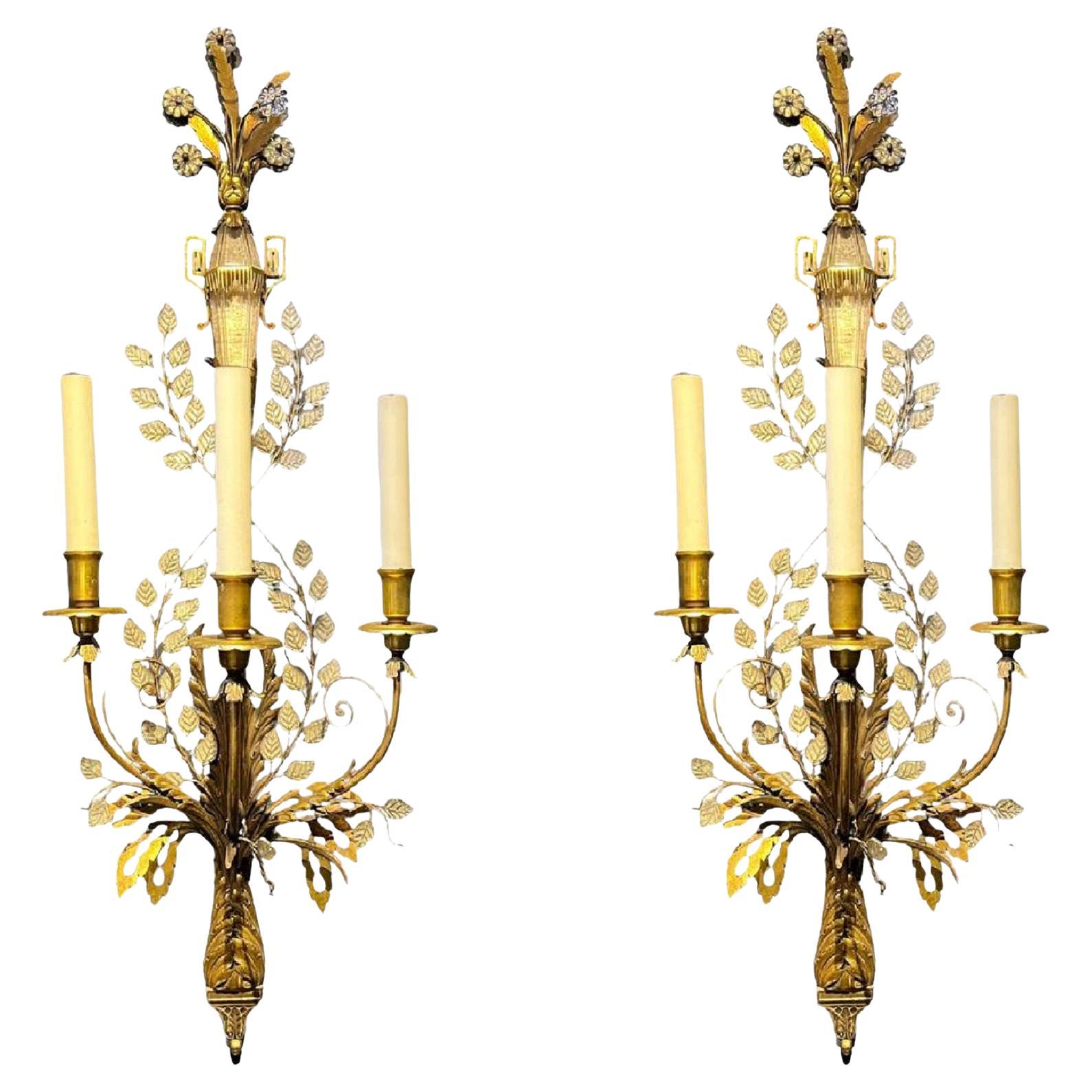 1900's Caldwell Large Bronze 3 Lights Sconces with Crystal Leaves and Urn For Sale