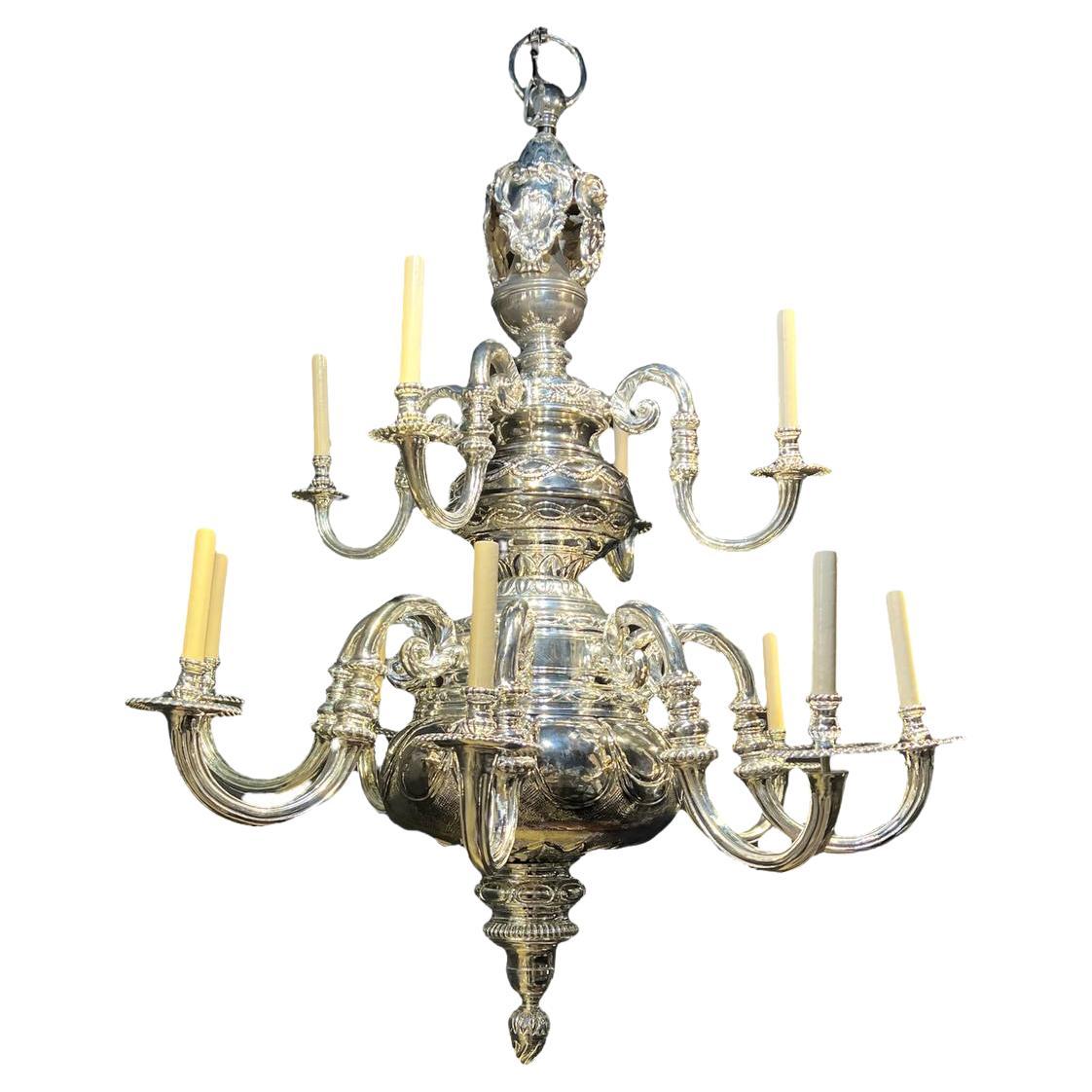 1900's Caldwell Large Silver Plated 12 Lights Chandelier with Engraved Details For Sale
