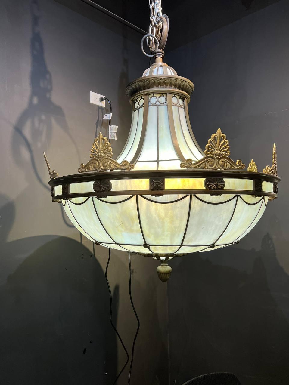 Neoclassical 1900s Caldwell Leaded Glass Light Fixture For Sale