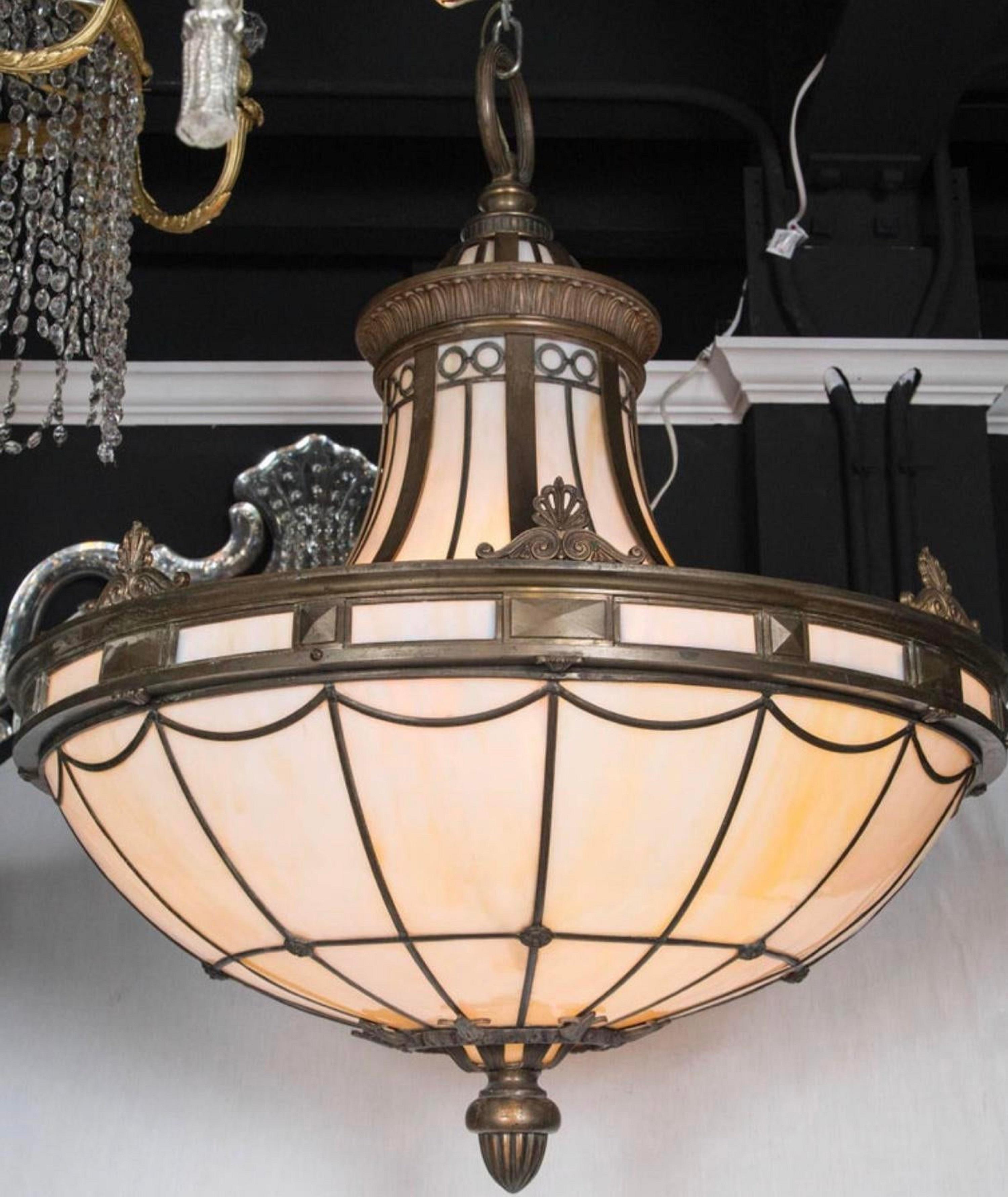 1900s Caldwell Leaded Glass Light Fixture In Good Condition For Sale In New York, NY