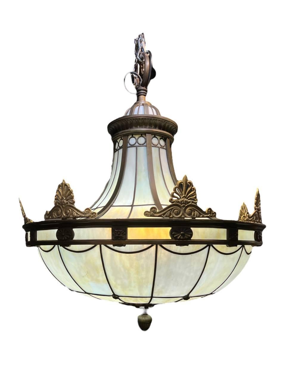 20th Century 1900s Caldwell Leaded Glass Light Fixture For Sale