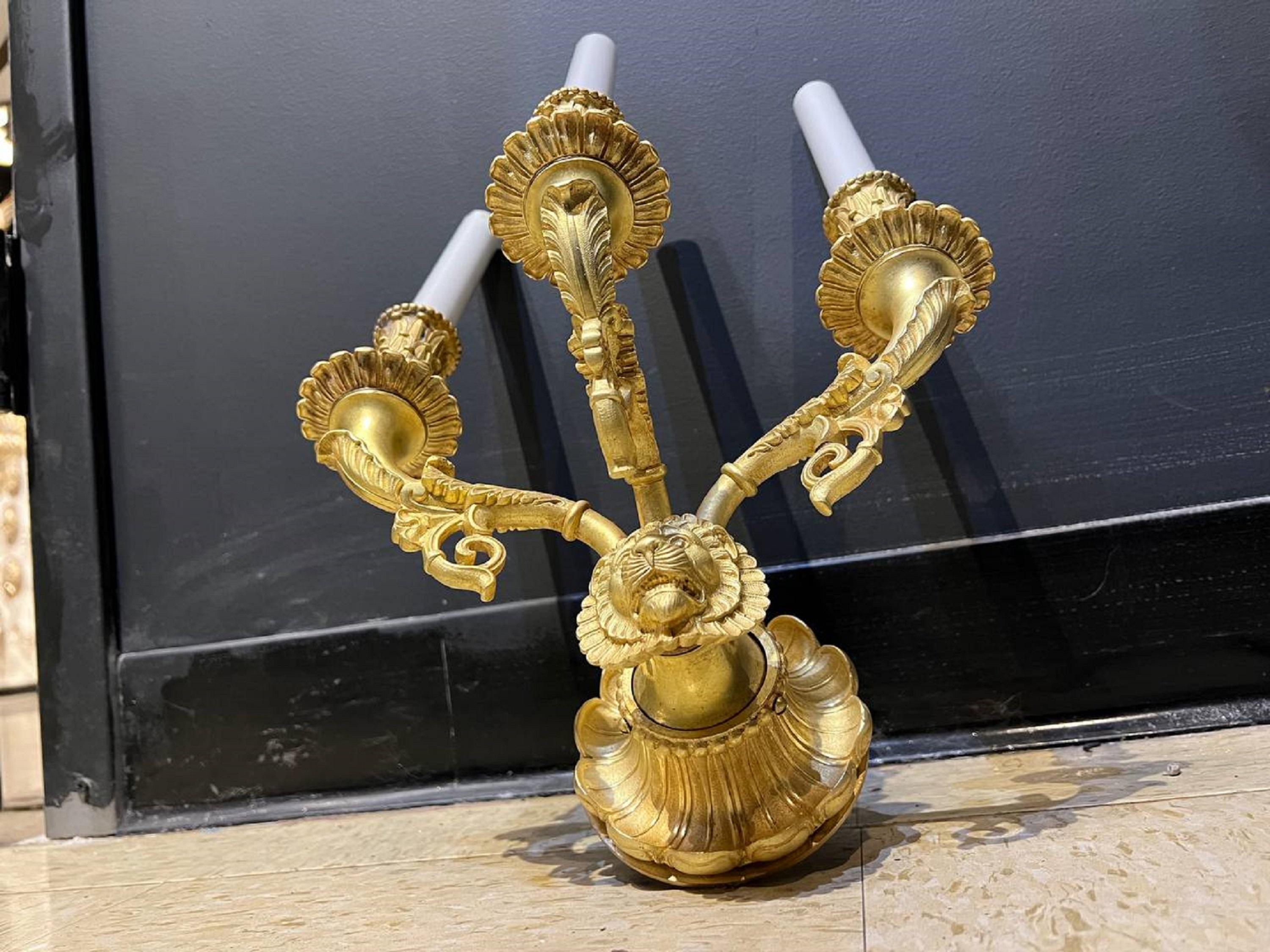 1900's Caldwell Lion Head Three lights Sconces In Good Condition For Sale In New York, NY