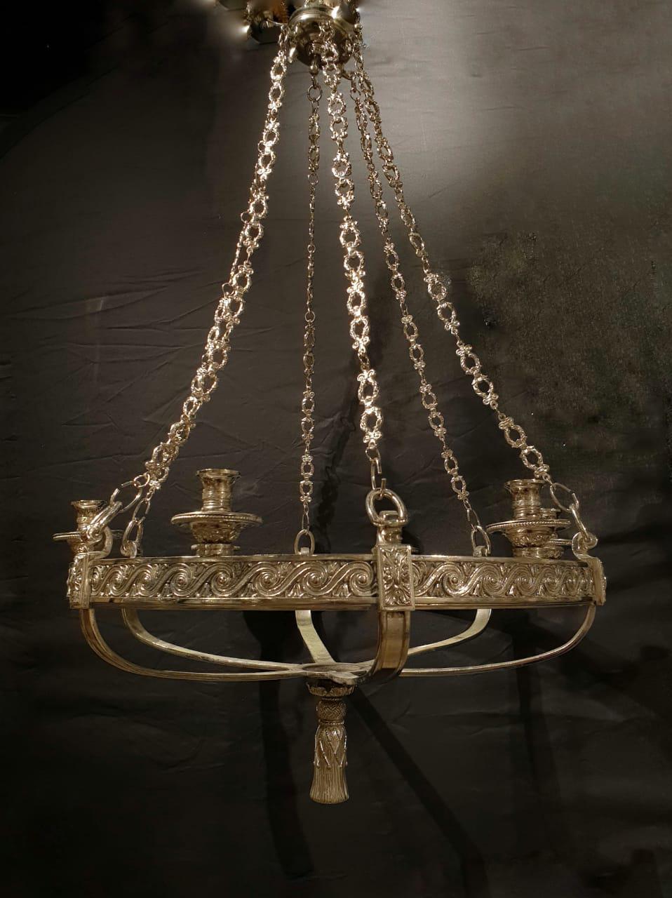1900’s Caldwell Neoclassical Bronze Silver Plated Chandelier In Good Condition In New York, NY